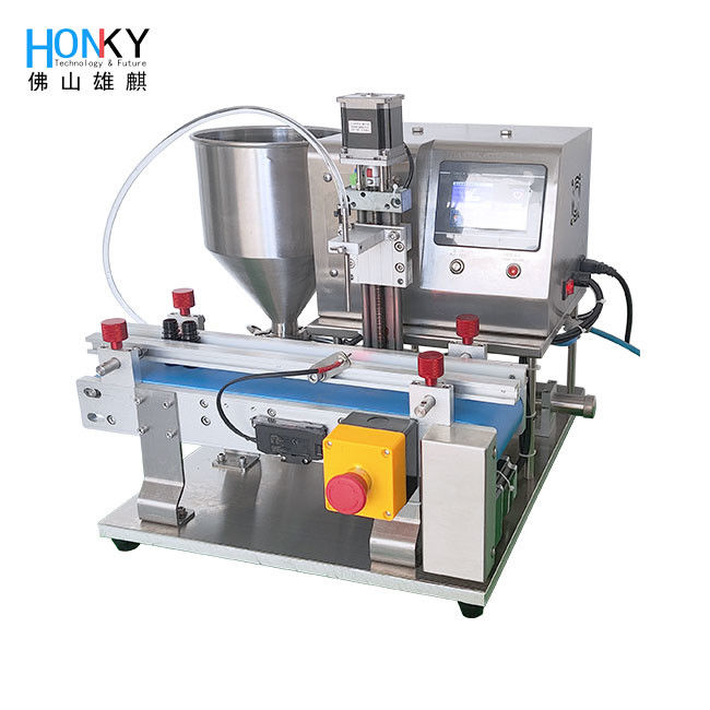 Desktop Conveyor Type Skin Care Cream Bottle Filling Machine Dengan Q-R Ceramic Piston Pump Untuk Pengemasan Batch Kecil