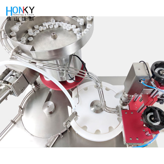 Mesin pengisian minyak esensial stainless steel dengan kapasitas 2-25ml dan sistem kontrol PLC untuk otomatisasi yang tepat